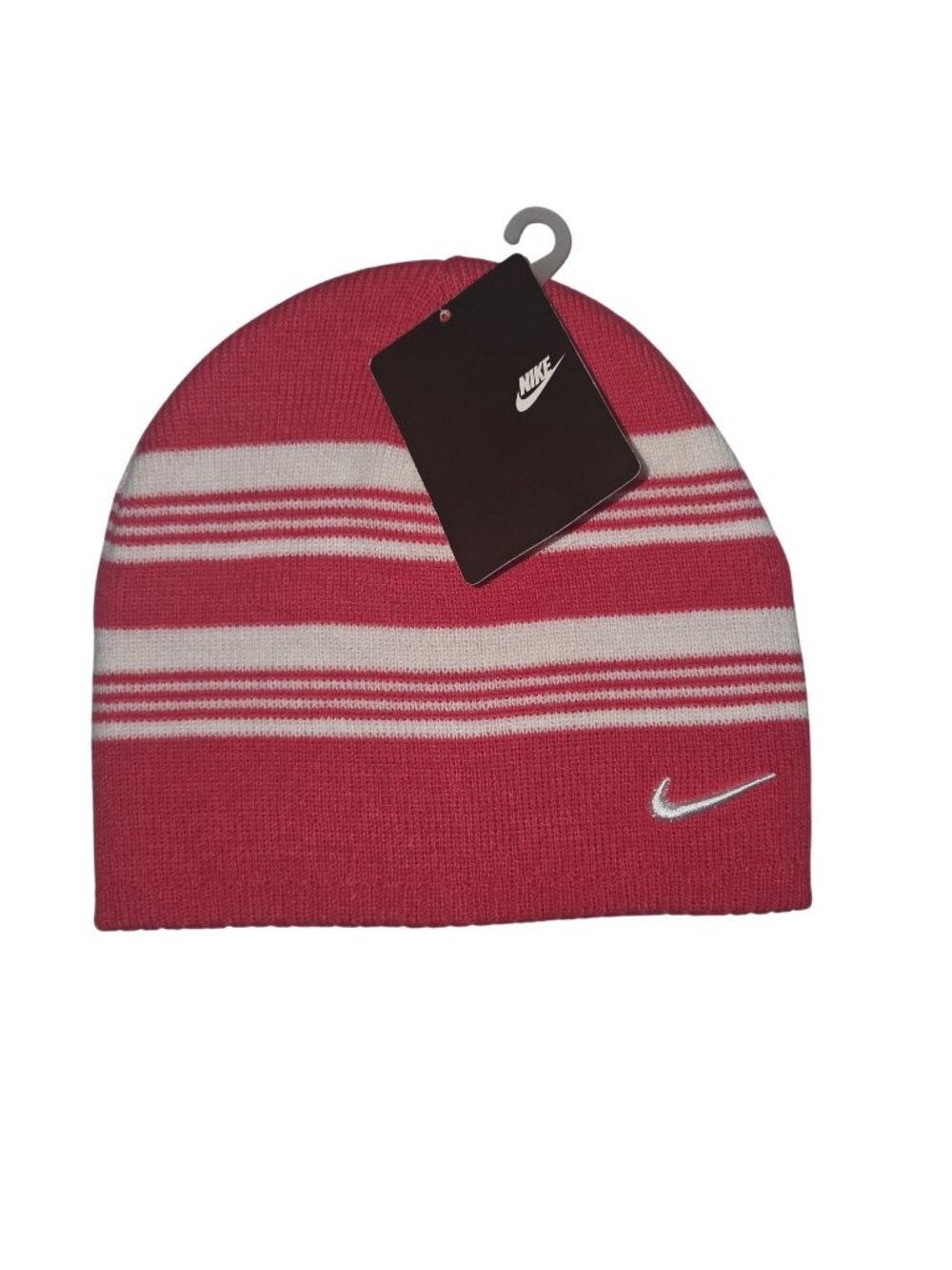 Nike Kids Striped Knit Beanie Hat Pink  White 7-16 NWT Embroidered Logo 4478